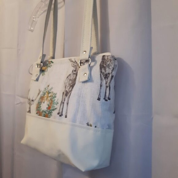 New Woodland Deer Double handle Satchel Purse Shoulder Bag Ivory Brown Western - Picture 3 of 11